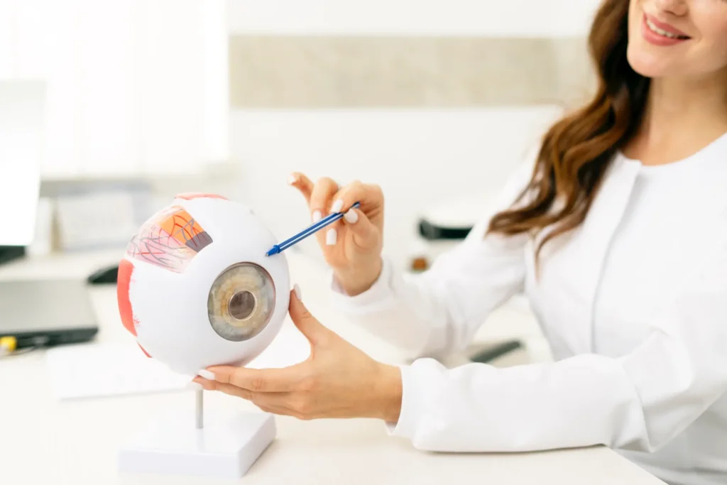 Modelo anatómico del ojo explicado por especialista en salud visual