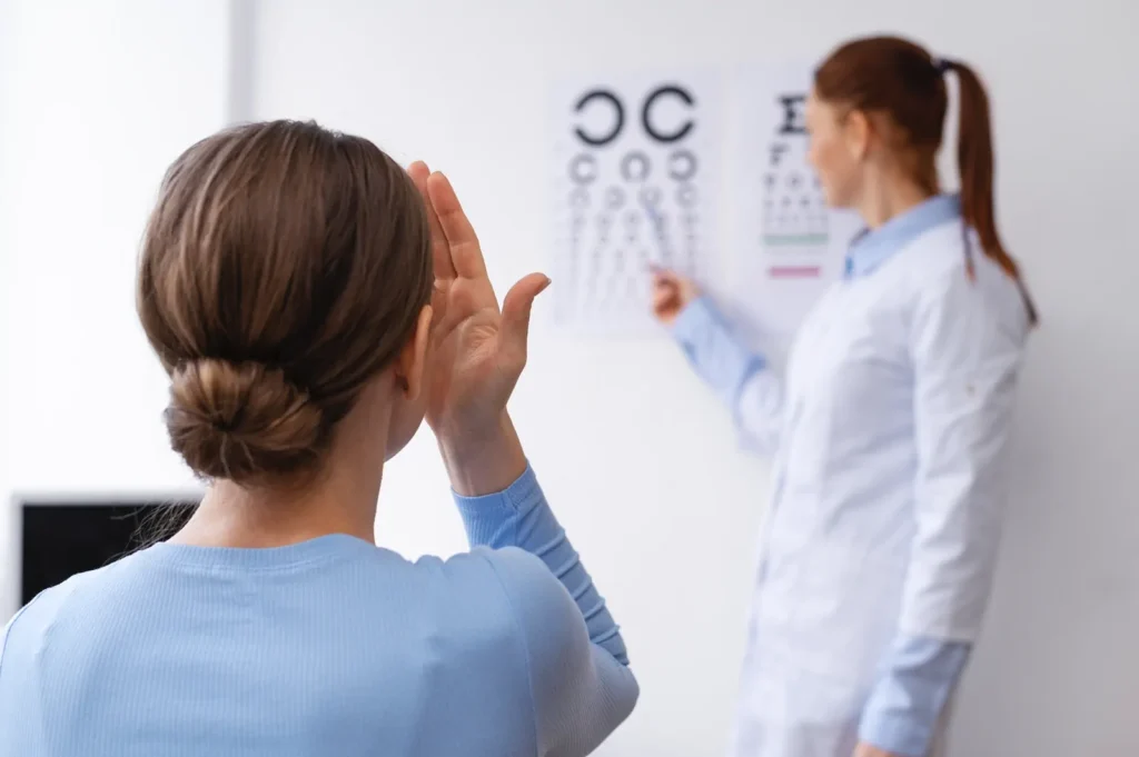 Mujer en examen de agudeza visual tapando un ojo frente a tabla optométrica.