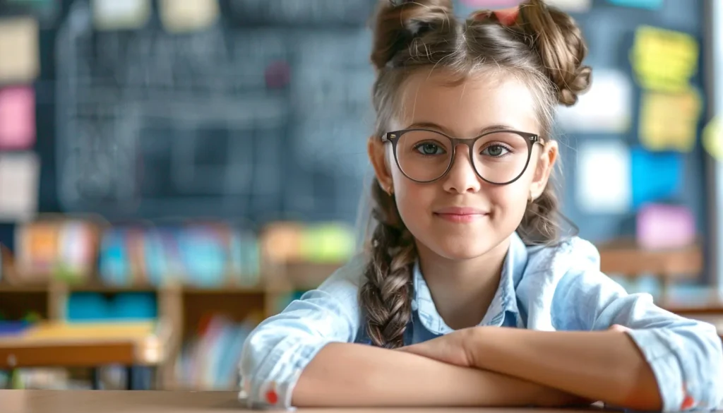 Niña con gafas y peinados de trenzas sonriendo en salón de clases.