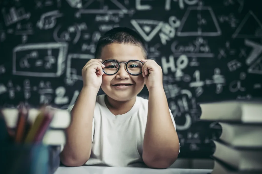 Niño con gafas en salón de clases frente a un pizarrón con fórmulas.