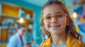 Niño con lentes sonriendo en salón de clases.