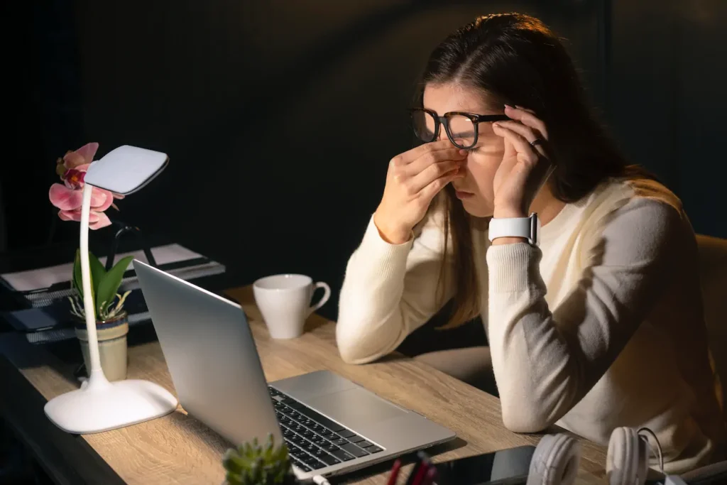 Mujer frente a laptop frotándose los ojos por cansancio; señales de que podría necesitar lentes.