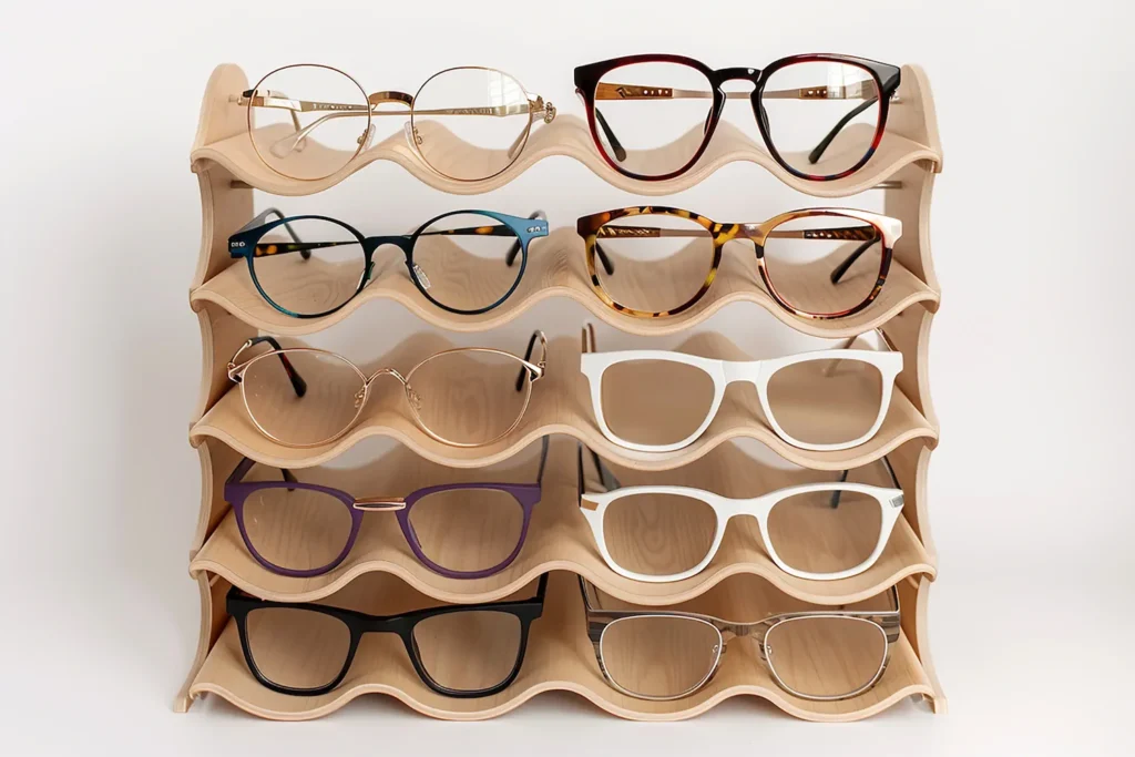 Colección de armazones apilados mostrando diversidad de materiales y colores.