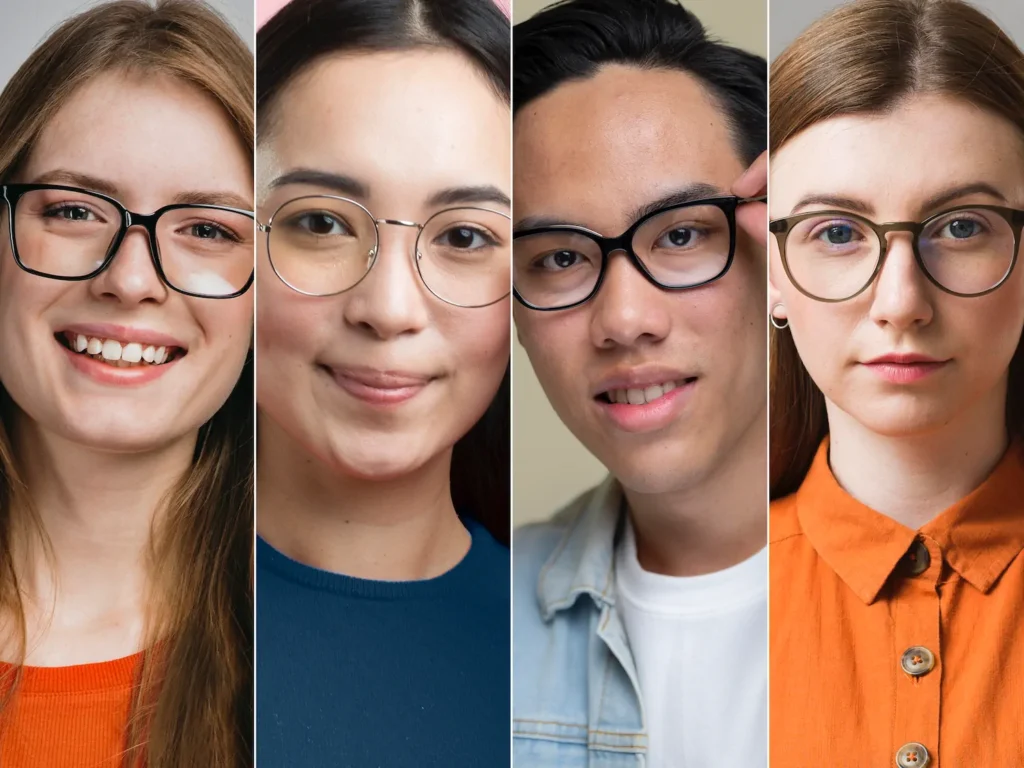 Grupo de personas usando armazones de diferentes estilos, colores y formas tendencia 2026.