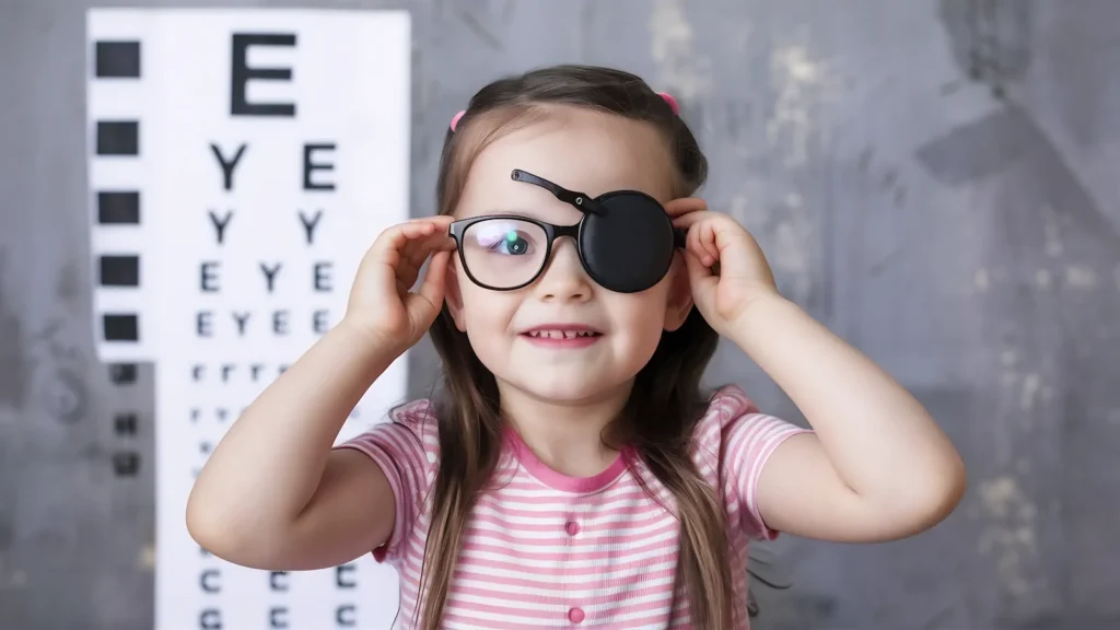 Niña pequeña con parche ocular durante examen de la vista para niños en consultorio optométrico.