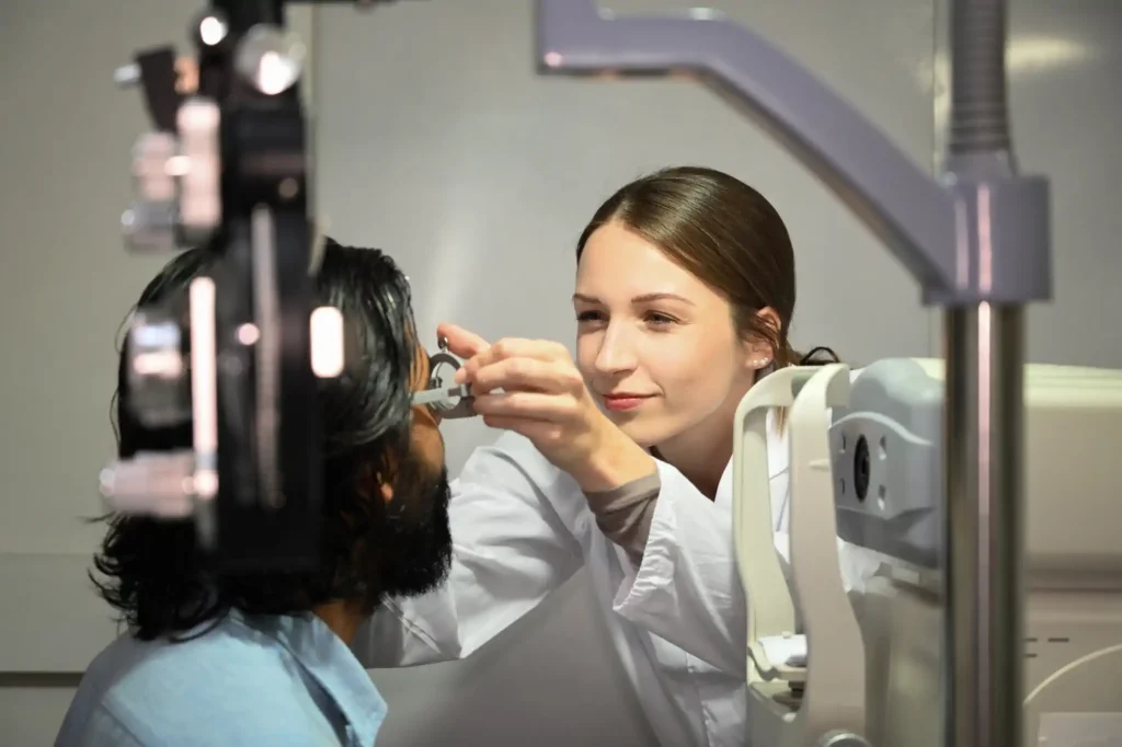 Especialista evaluando la vista de una trabajadora durante jornada de salud visual en empresa