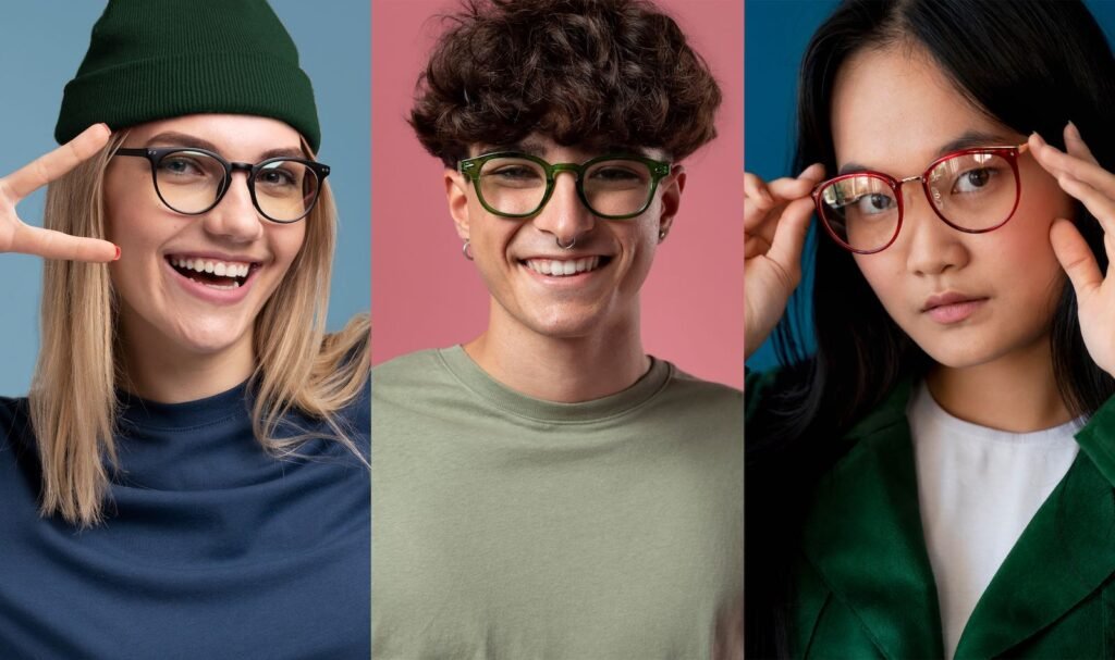 Joven sonriendo con lentes graduados modernos de armazón delgado