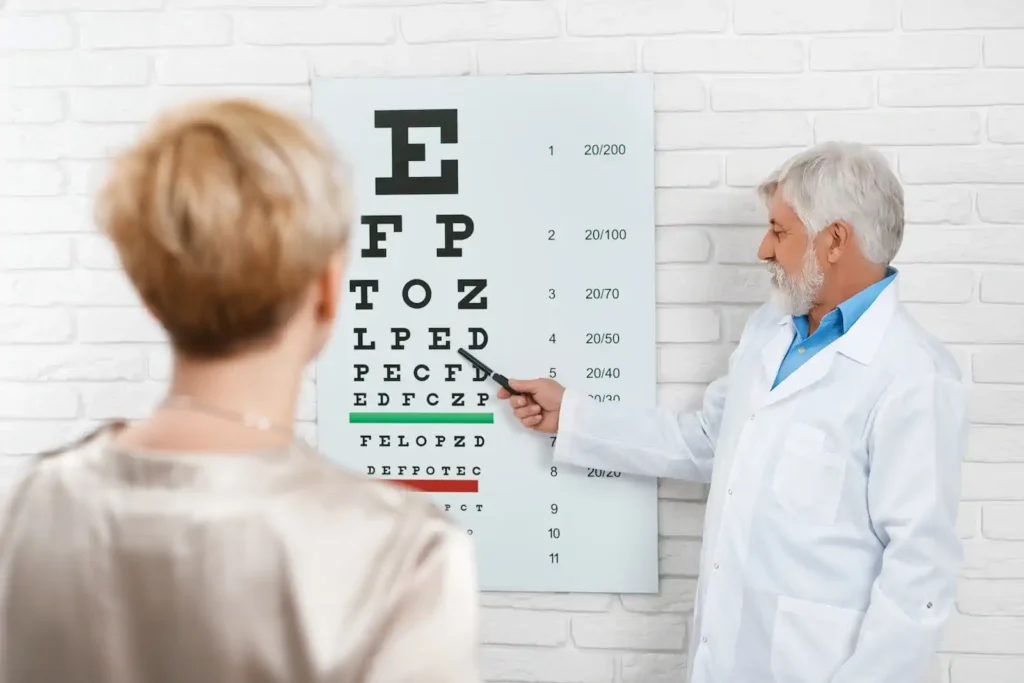 Niña realizándose examen de agudeza visual con cartilla de Snellen junto al optometrista