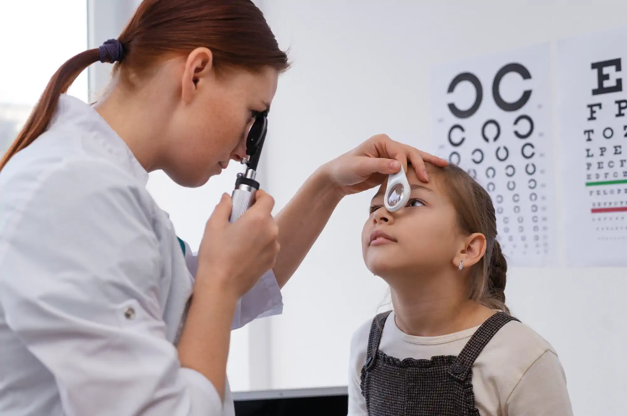 Oftalmóloga revisa ojos de niña en consulta